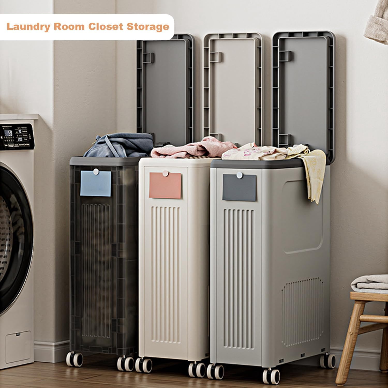 EastVita Foldable Laundry Hamper with Lid and Wheels, 123L Large Capacity Dirty Clothes Hampers Plastic Rolling Laundry Basket Household Storage Box