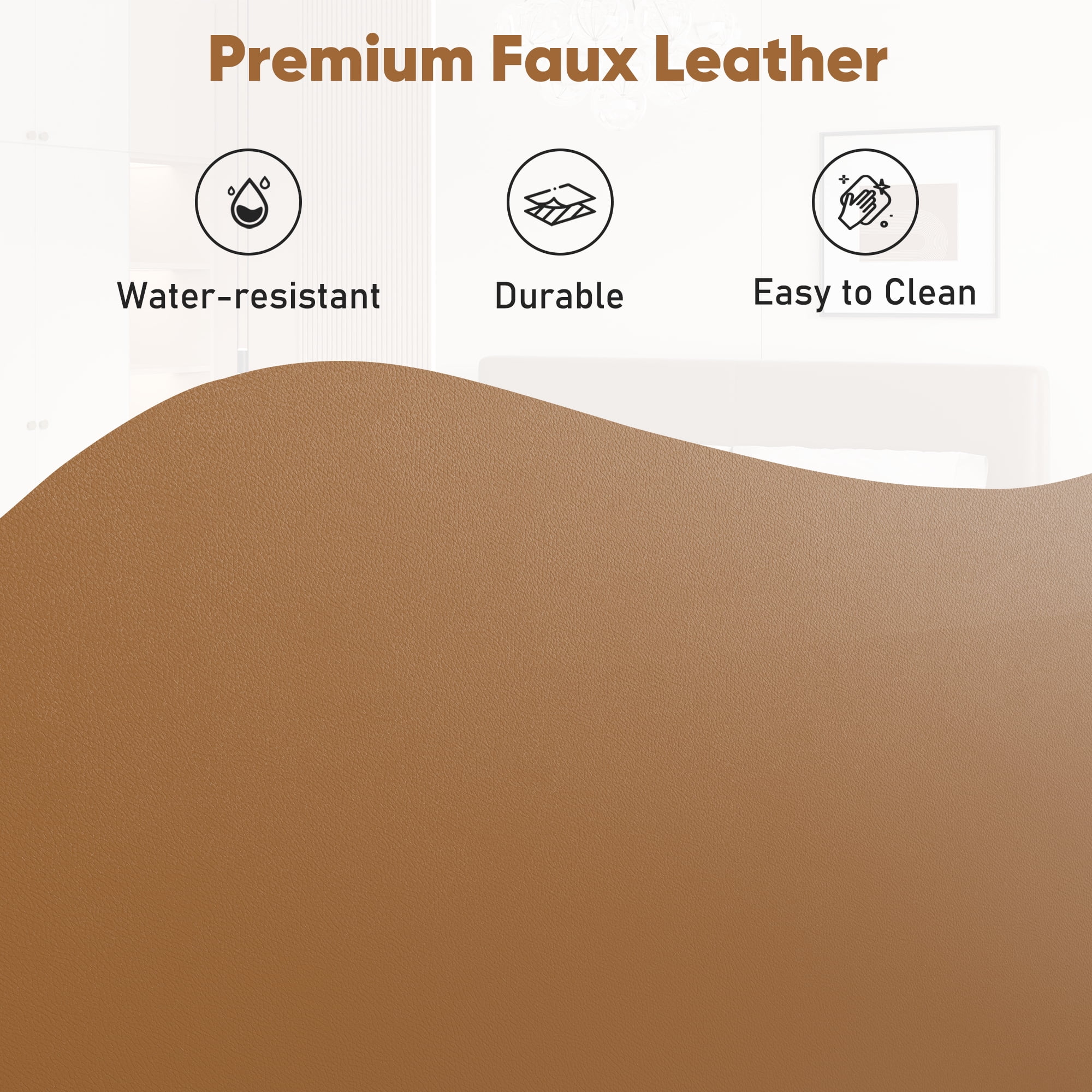 Frostbloom Full Size Faux Leather Platform Bed Frame with Adjustable Headboard, Orange Brown