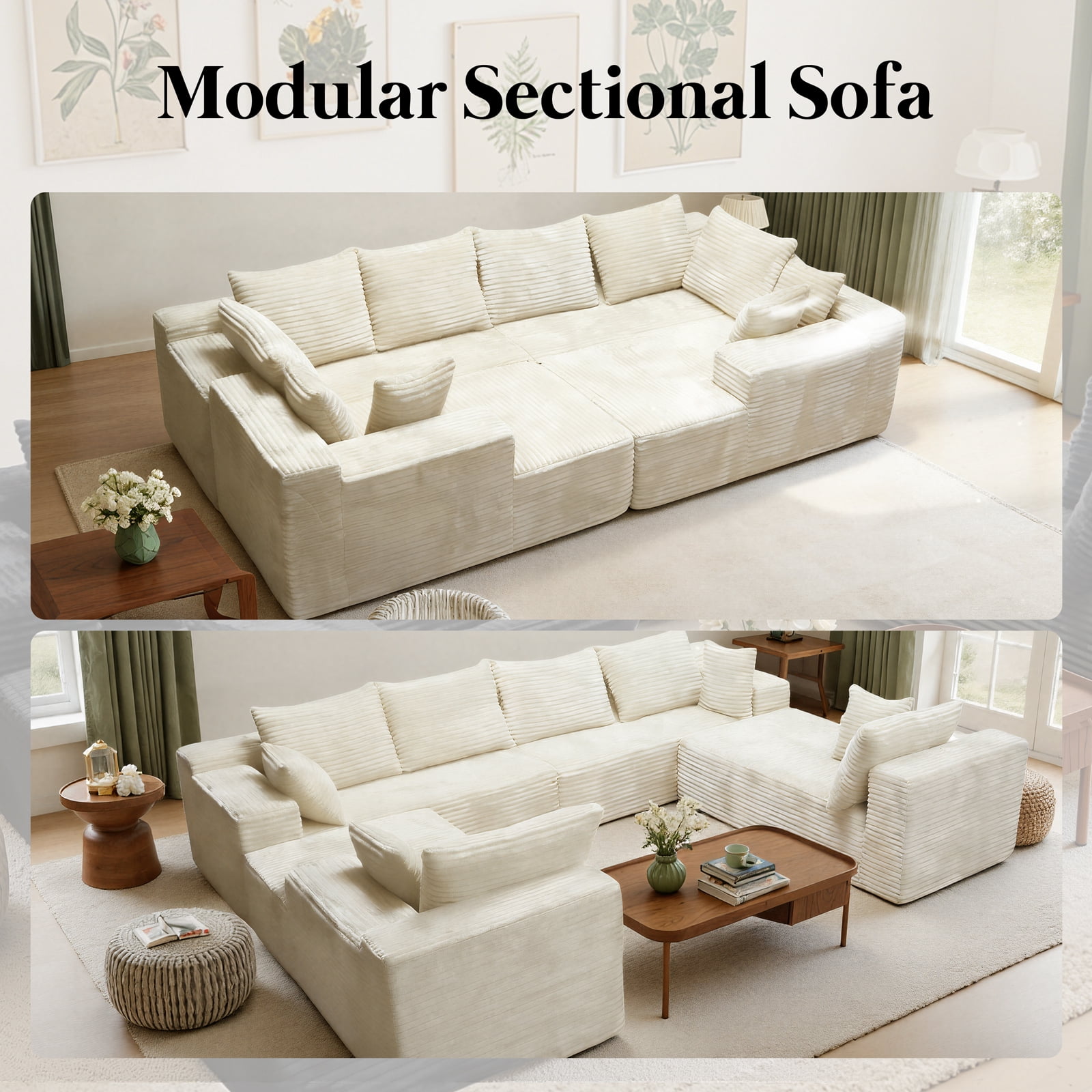 Kelyda 139'' U Shaped Sectional Couches, Modern Modular Boneless 8 Seater Large Foam Cloud Sofa Beige