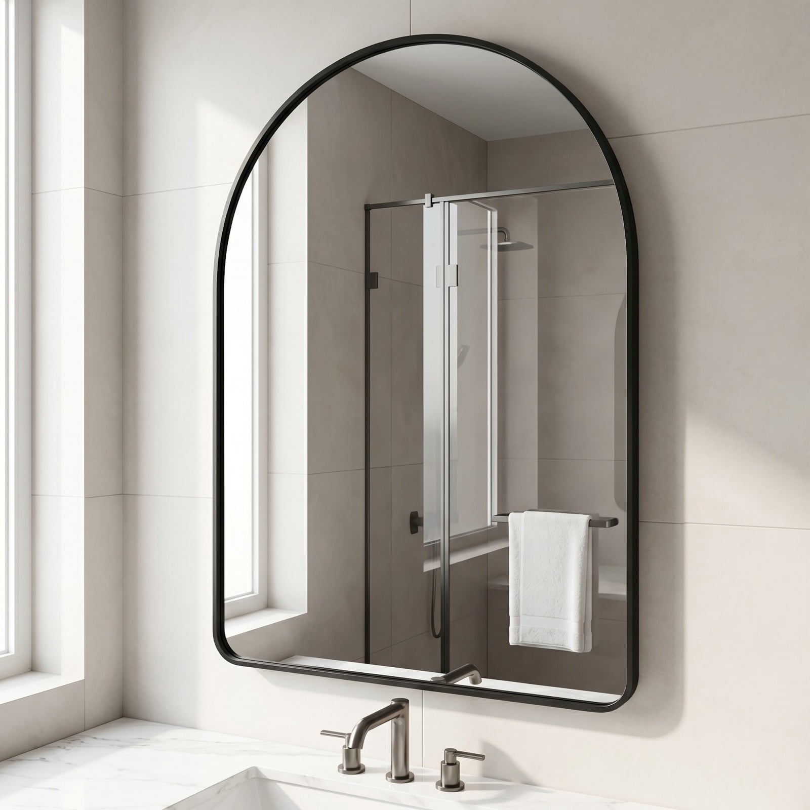 Gleamira 36"x48" Arched Bathroom Wall Mirror Rounded Corner Vanity Mirror with Metal Frame, Black