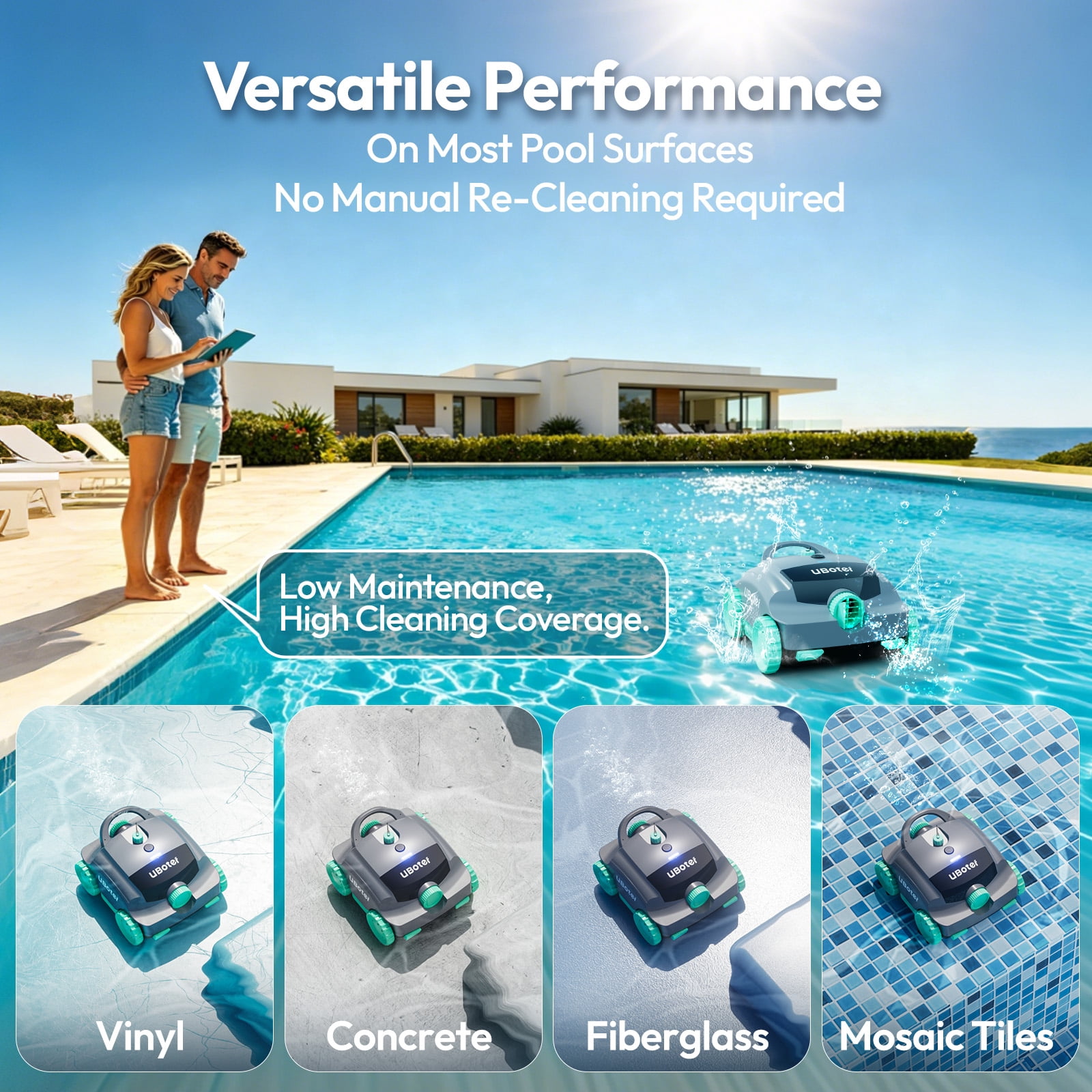 UBoter E10 Cordless Robotic Pool Cleaner,Pool Vacuum, Dual-Layer Filtration,Powerful Obstacle Crossing, Enhanced Edge & Corner Cleaning,120-Min for Above-Ground & Flat-Bottom Pools to 860 Sq.ft