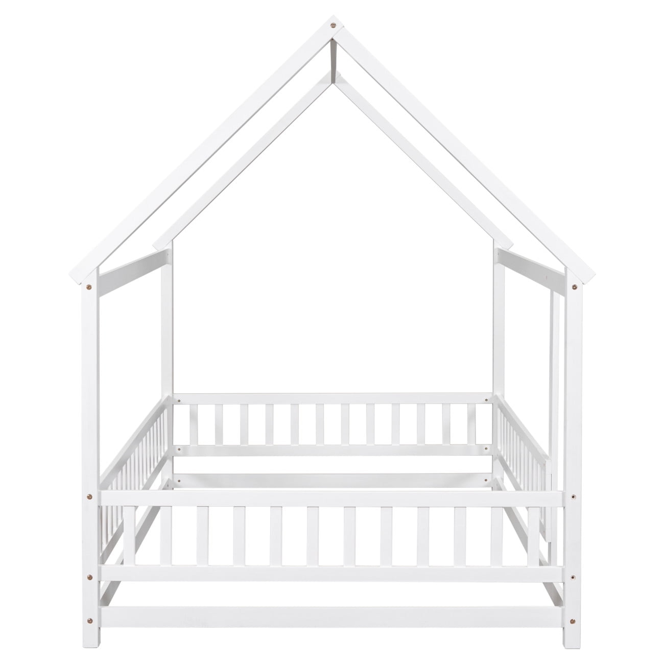Full Size Floor Bed Frame with Roof for Kids, Wooden Montessori Bed with Fence Guardrails, Low Platform Playhouse Bed for Boys and Girls, No Slats Included, White