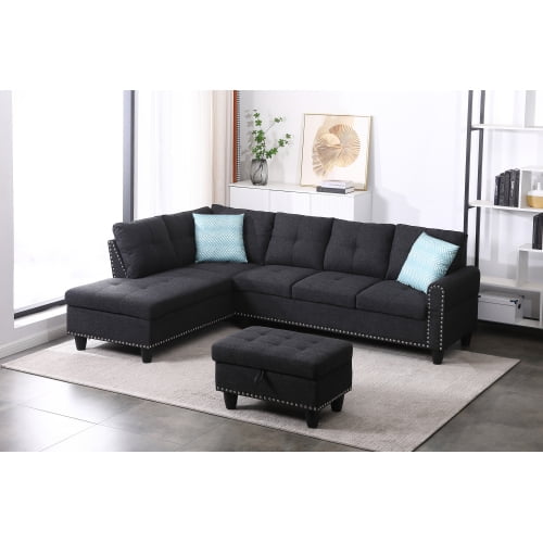 BSHTI Charcoal Gray Linen L-Shaped Sectional Sofa with Reversible Storage Chaise for Living Room, Storage Ottoman & Cup Holders, 3-Seat Contemporary Couch