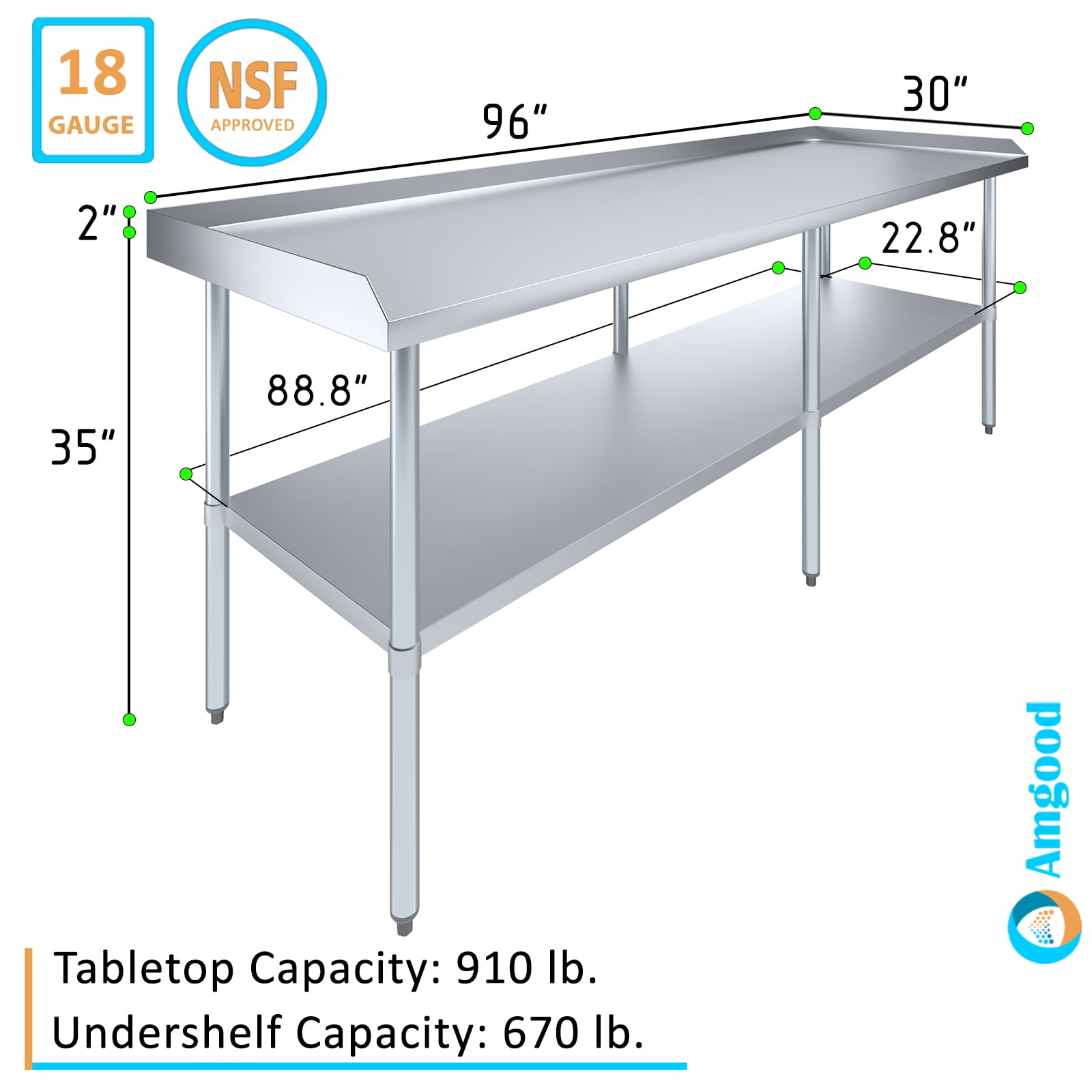 AmGood 96" Long x 30" Deep Commercial Work Table with Backsplash and Sidesplashes | Stainless Steel Prep Table for Kitchen, Restaurant, Garage, Laundry | NSF