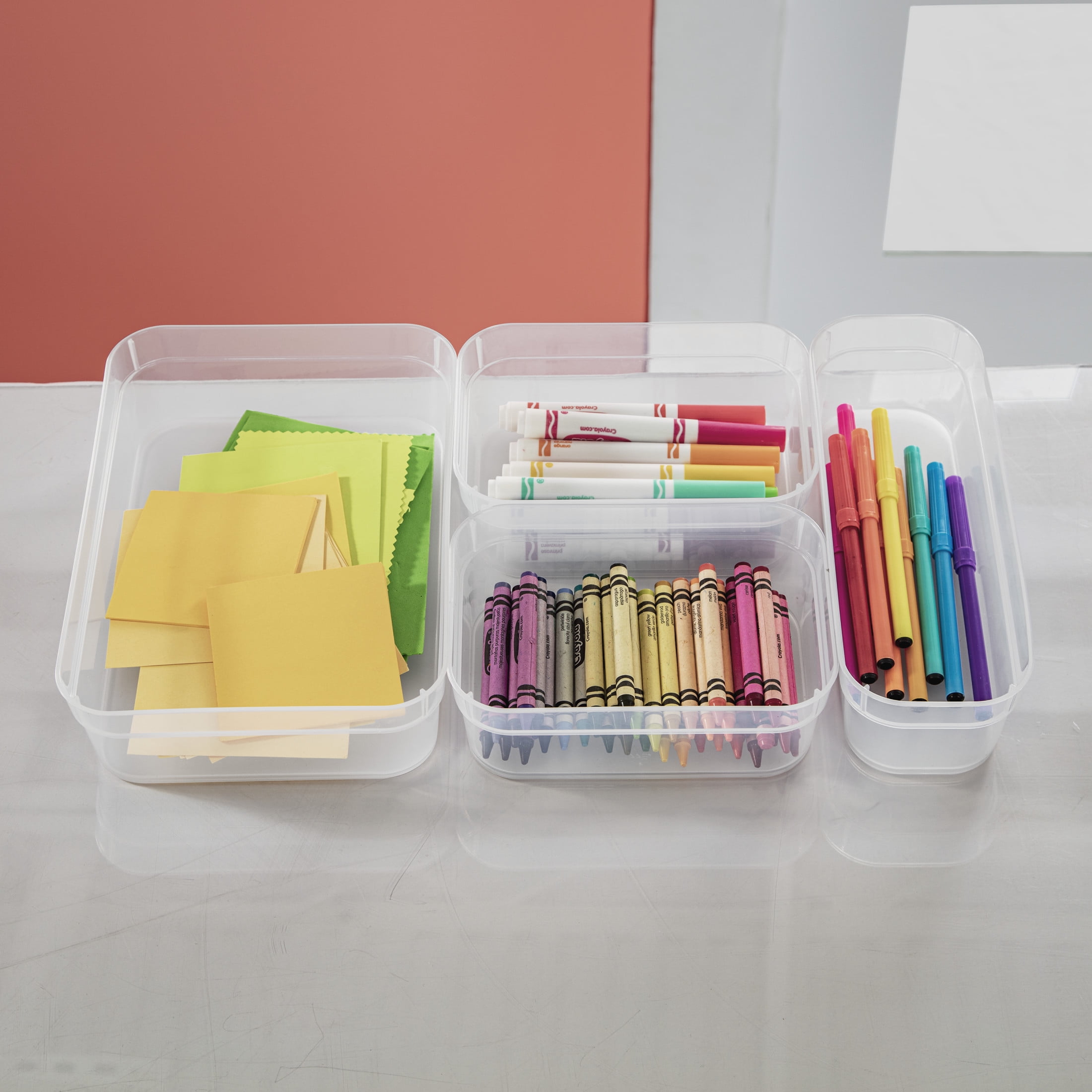 Sterilite Set (3) Medium Storage Trays, Clear Plastic Open Bins, Drawer Organizers, 8 Count