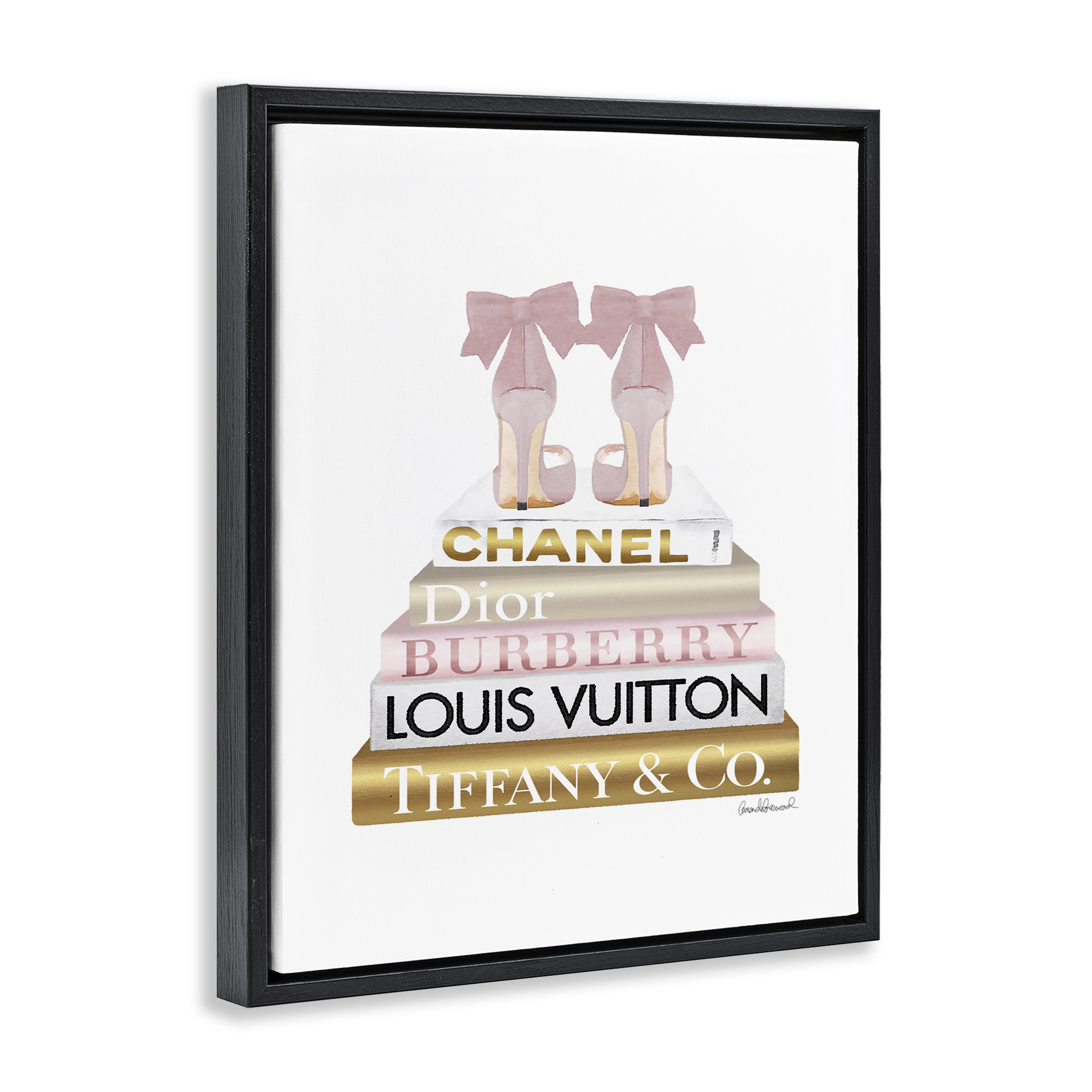 Stupell Industries Pink Gold Heels Bookstack Beauty & Fashion Painting Black Floater Framed Canvas Art Print Wall Art, 25 x 31