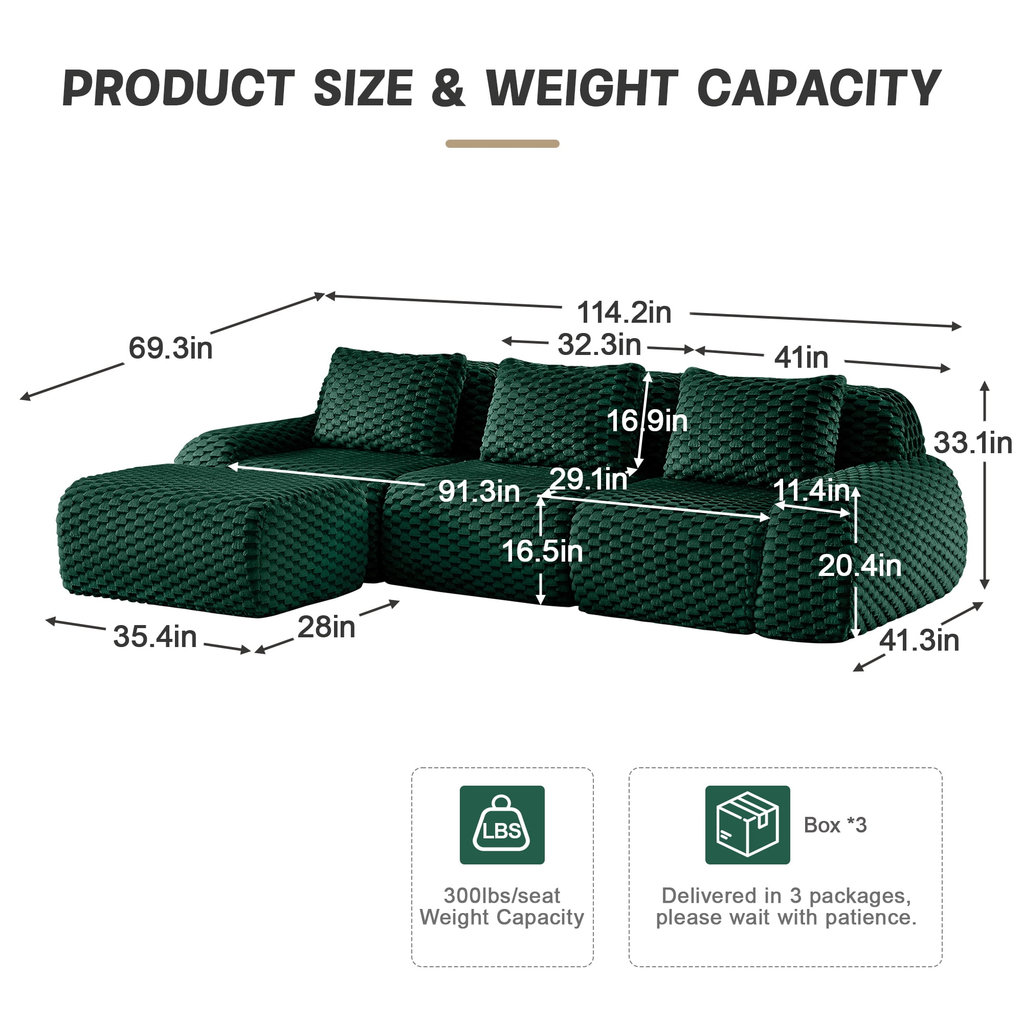 Alvantor 114" Cloud Modular Sectional Sofa with Movable Ottoman, L Shaped Deep Seat Flannelette Boneless Couch for Living Room Bedroom Green