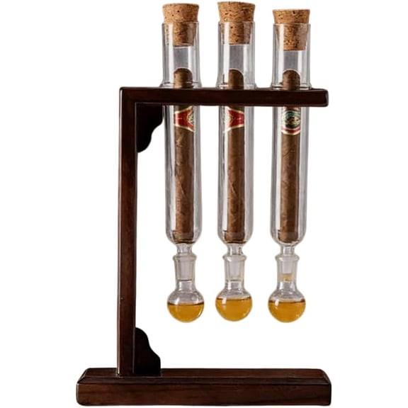 Yippzo Cigar Flavor Injector Humidifier, Clear Cigar Infuser Glass Tube Kit with Handmade Wooden Base, Airtight Cap for DIY Flavor Infusion, Aromatherapy Display Rack