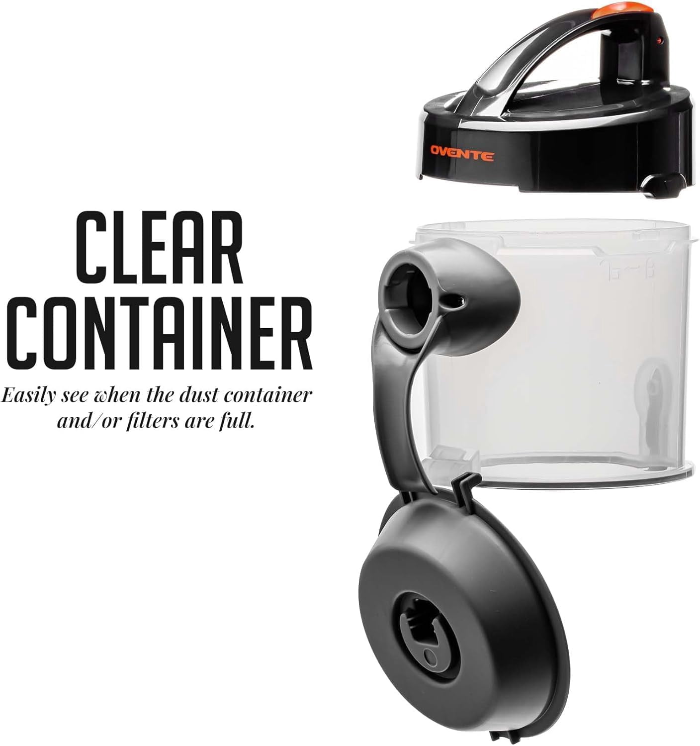 OVENTE Replacement Dust Container for Bagless Canister Vacuum ST2000 and ST2010 Series with Transparent and Clear View for Quick Monitoring, Black ACPST2075