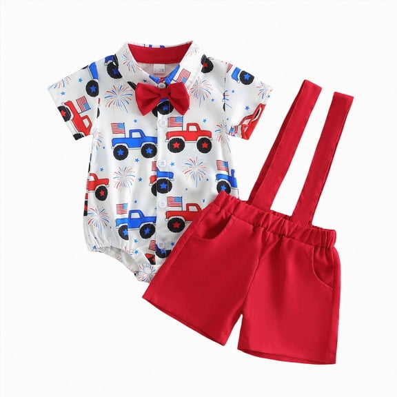mgoYE Newborn Infant Baby Boy 4th of July Outfit 0-3 Months USA Short Sleeve Button Shirt Romper Suspender Shorts Set Red