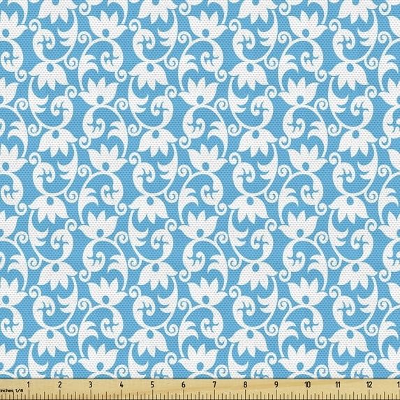Abstract Fabric by the Yard, Simplistic Layout Floral Inspired Pattern of Ornaments in Monotone, Decorative Upholstery Fabric for Chairs & Home Accents, Deep Sky Blue and White by Ambesonne