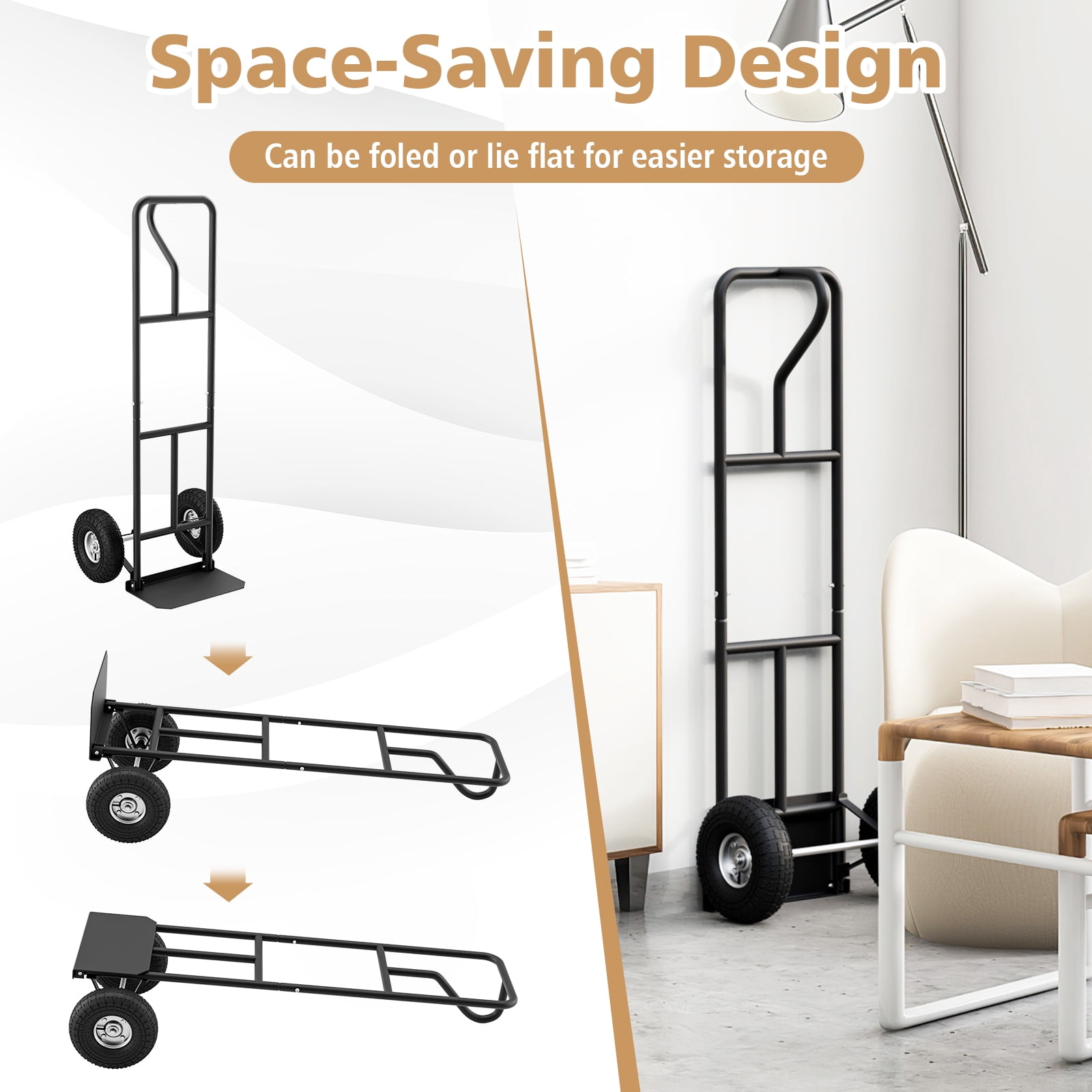 Costway Heavy Duty Hand Truck 660lbs Capacity Trolley Cart with  Foldable Nose Plate Black