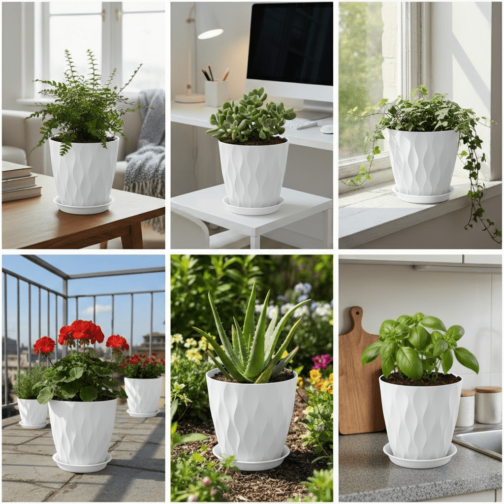 6 Pack 8 Inch Plant Pots , Plastic Flower Pots for Indoor & Outdoor Plants, Planters with Drainage Holes and Saucer (White)