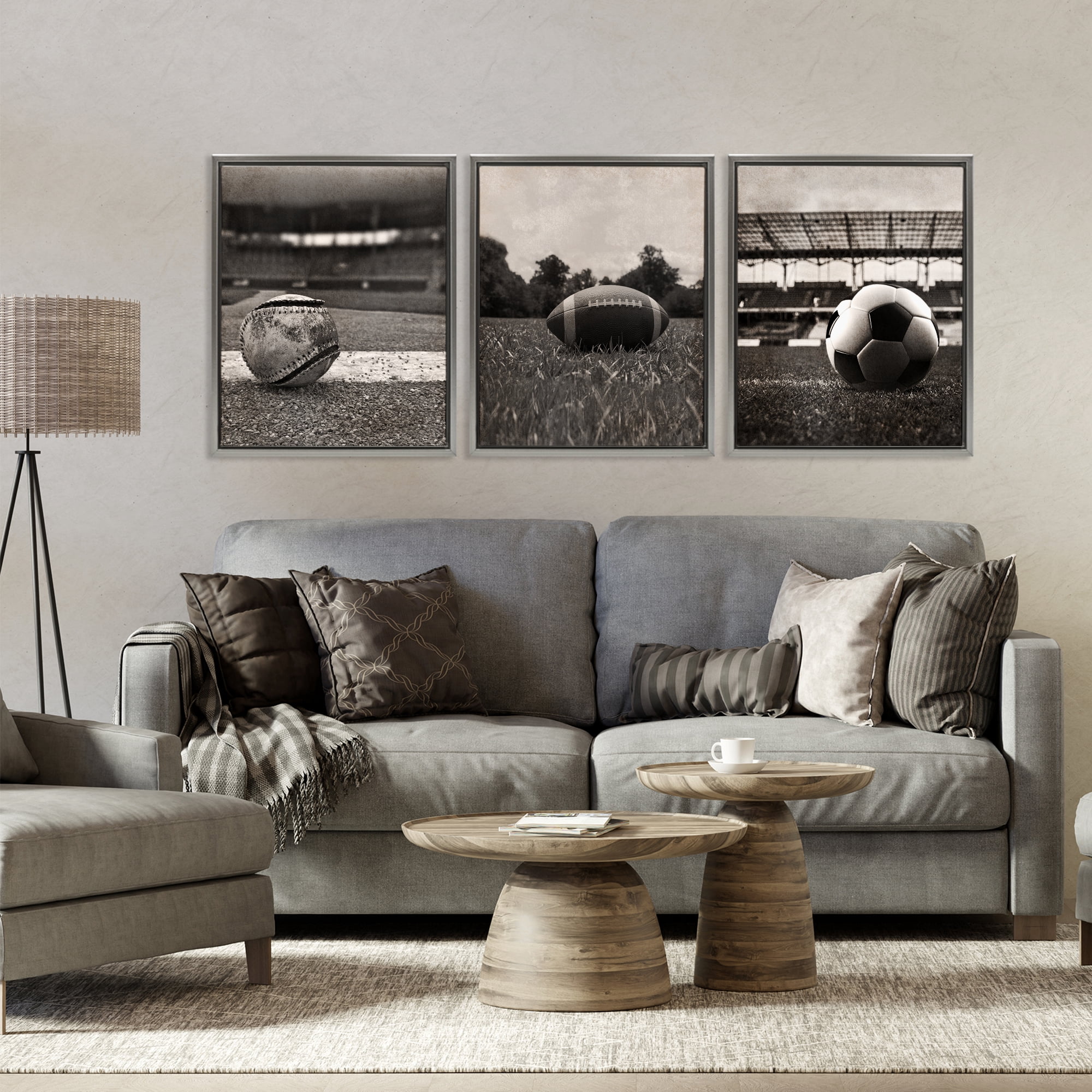 Stupell Industries Vintage Sports on Field 3 Piece Gray Framed Floater Canvas Set, design by Marcus Prime