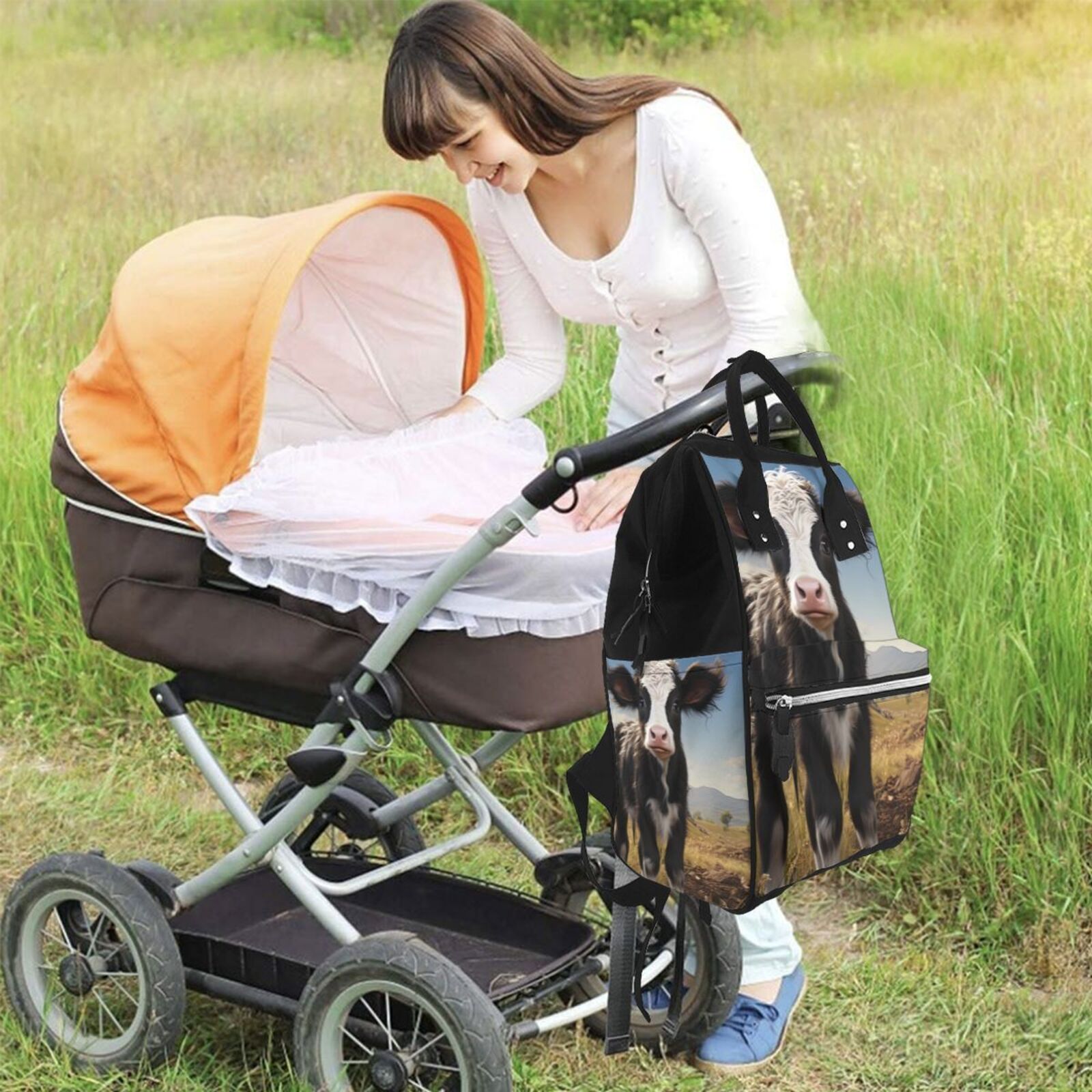 Ratiio Cute Prairie Cow Mummy Backpack - Waterproof Twill Canvas, Large Capacity Diaper Bag with Multiple Pockets and Adjustable Straps