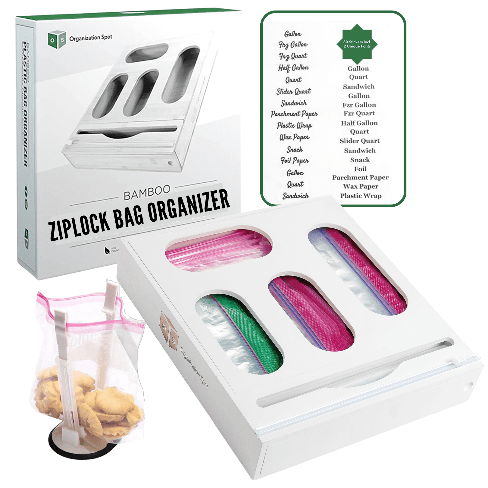 Organization Spot Bamboo Ziploc Bag Organizer w/ Wrap Dispenser (White