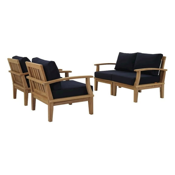 Modway Marina 4 Piece Outdoor Patio Teak Set in Natural Navy