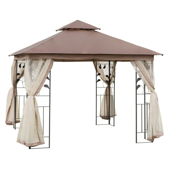 SAZYY 10x10 Outdoor Patio Gazebo with 2-Tier Polyester Roof, Steel Frame Canopy with Netting & Curtain Sidewalls, Brown