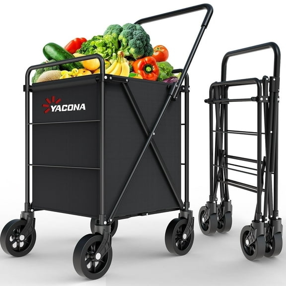Folding Shopping Cart, Heavy Duty Metal Grocery Cart with 360° Rotation Wheels, 600D Oxford Fabric, for Shopping, Grocery, Laundry, Black