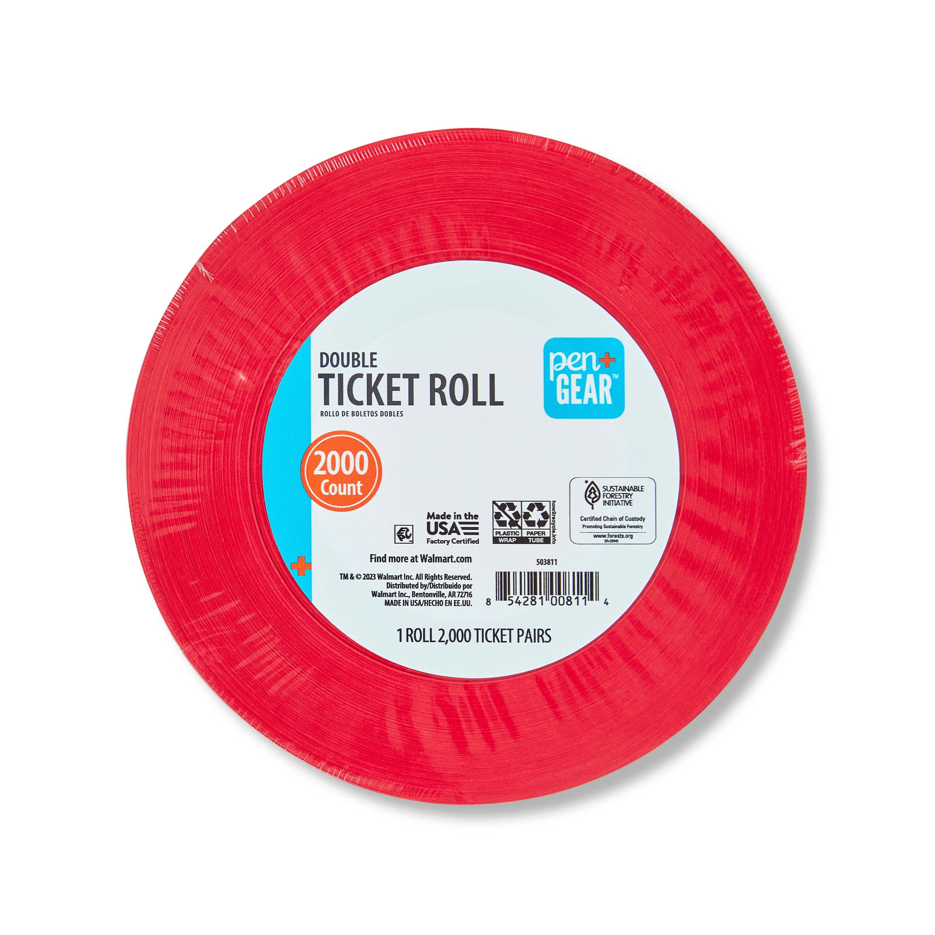 Pen+Gear Double Ticket Roll, Red, Consecutively Numbered, 2000