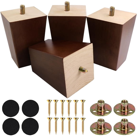 5 Inch Square Wood Sofa Legs 4 Pack, Mid Century Modern Brown Furniture Replacement Legs, Heavy Duty Solid Wood Feet for Couch Chair Table Dresser Recliner Coffee Table Sideboard