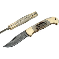 SANZ Knife – 3.75" Closed, Damascus Steel Blade, Stag Handle, Brass Bolsters, Filework Design