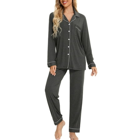 

Summer Savings Clearance Set! MIARHB Women s Pajama Long Sleeve Button Sleepwear Dark Gray XXL