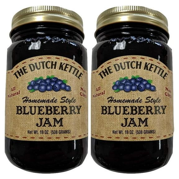 The Dutch Kettle Amish Homemade Blueberry Jam 2 - 19 Oz Reusable Jars of All Natural Non-GMO No Preservatives