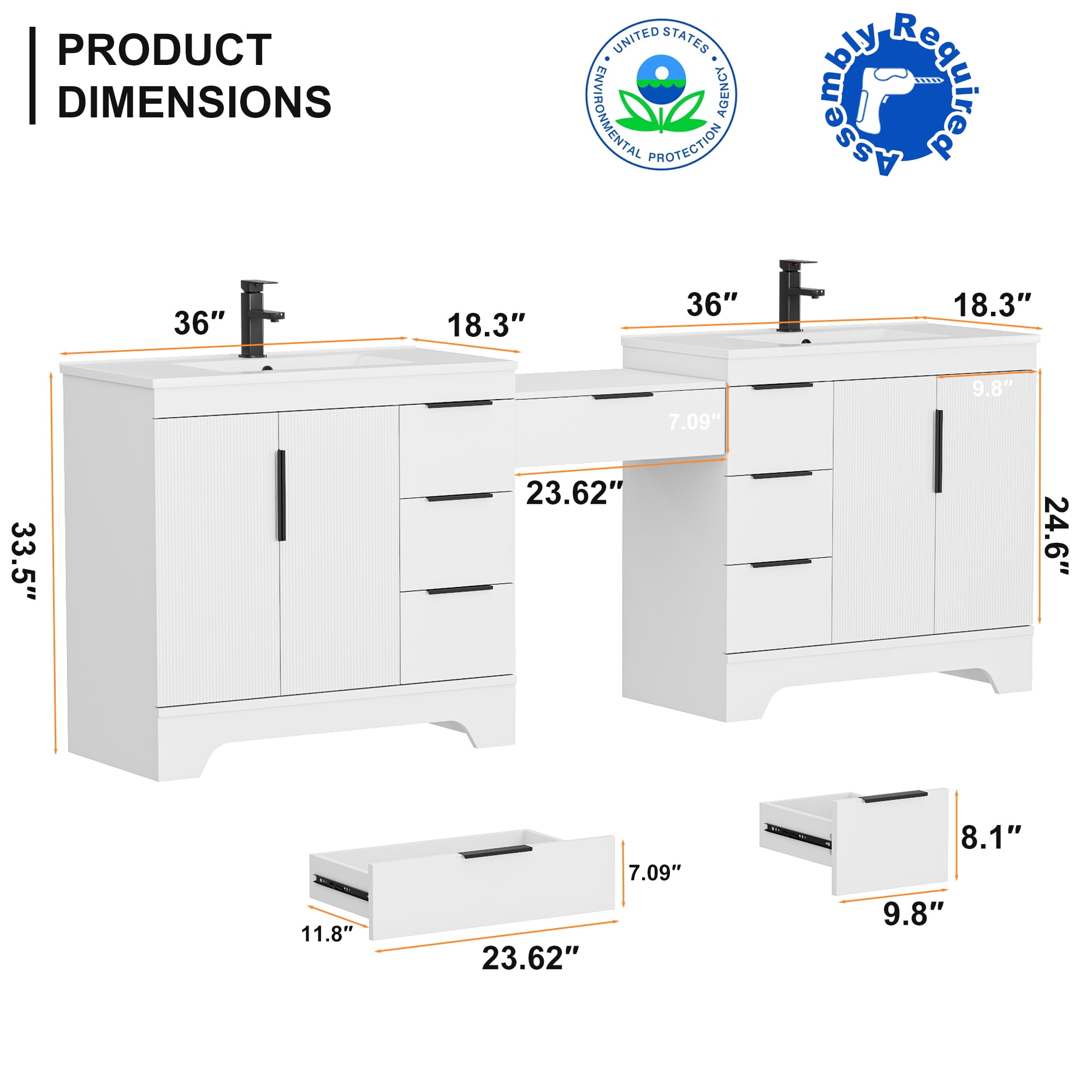Eclife 96'' Bathroom Vanity with Double Integrated Sink, Wall-Mounted Makeup Table, Soft-Close Doors