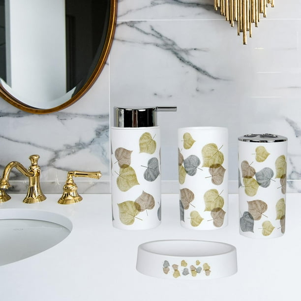 Juego Accesorios Baño Cerámica 4 Piezas – Soporte Cepillo, Vaso, Jabonera Y Dispensador, Diseño Mármol