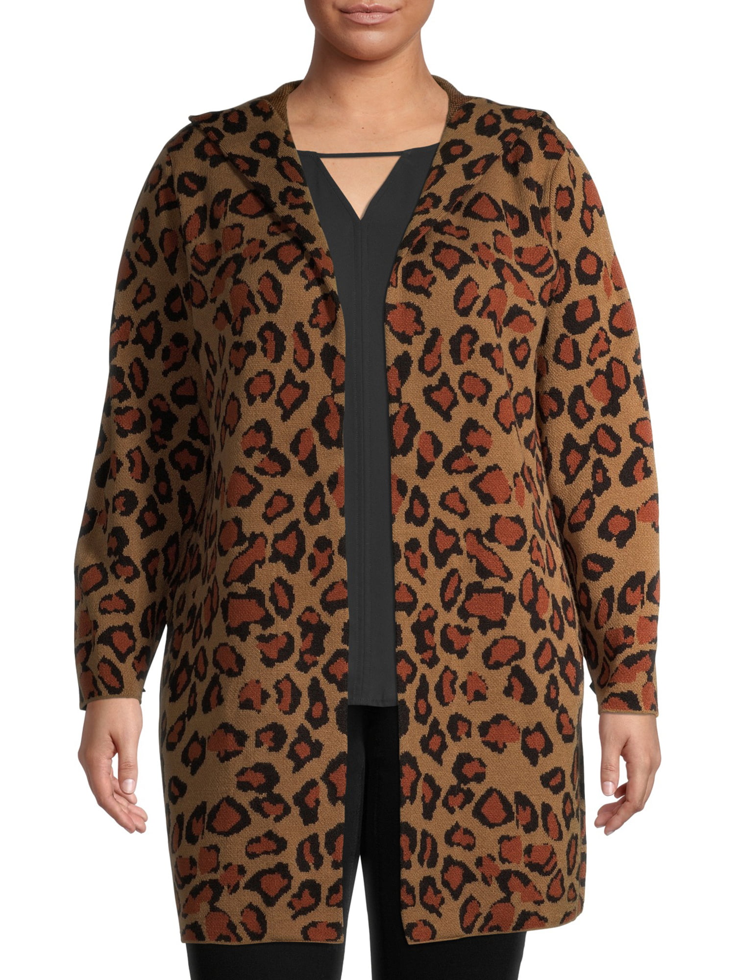 Terra & Sky Women's Plus Size Leopard Jacquard Duster Cardigan 