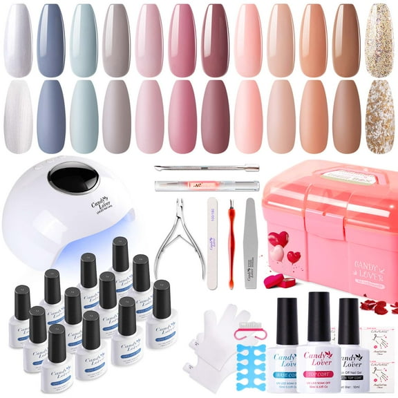 Candy Lover Gel Nail Polish Kit with UV LED Lamp, 12 Colors Charm Gel Polish Starter Kit, All-in-One Quick Dry Soak Off Nail Gel Manicure Kit with DIY Tools Valentine Gift for Women