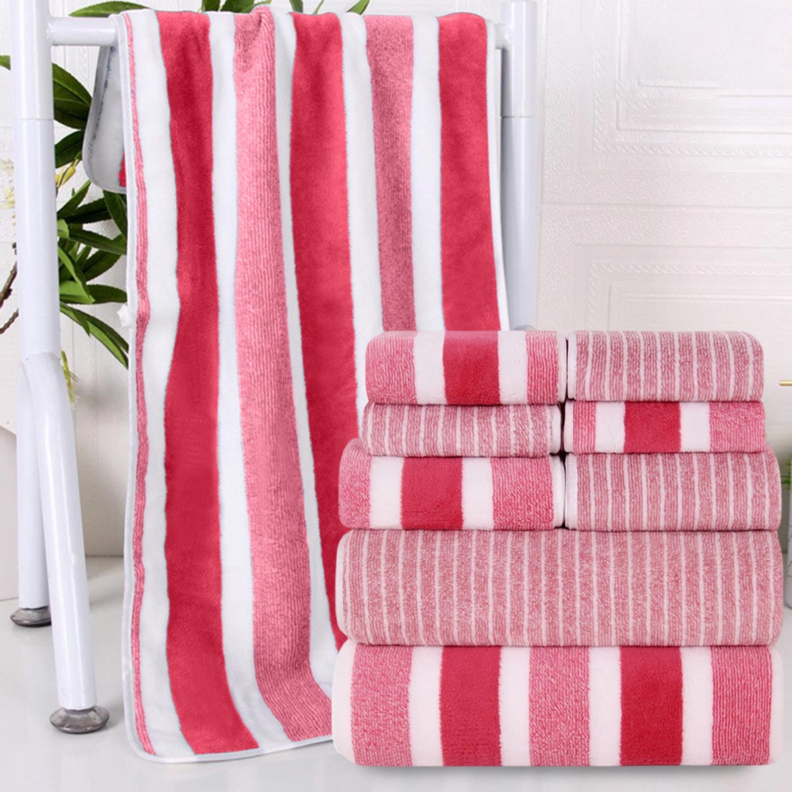 Ultra Soft Bath Towel Set 8-Piece, Velvet Wide Stripe Towel Washcloth Bath Towel, Microfiber Absorbent Quick Dry Towels for Bathroom, Spa, Gym, Pool Shower Beach (Pink)