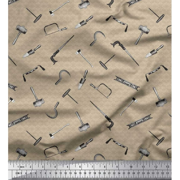 Soimoi Brown Poly Georgette Fabric Square & Tools Hardware Print Fabric by the Yard 42 Inch Wide