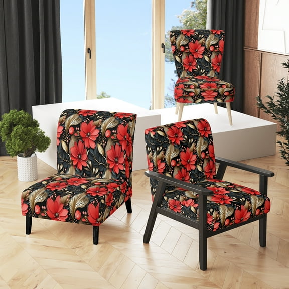 Designart "Glamorous Hollywood Floral In Red And Black" Black Floral Upholstered Accent Chair - Cottage Arm Chair For Living Room