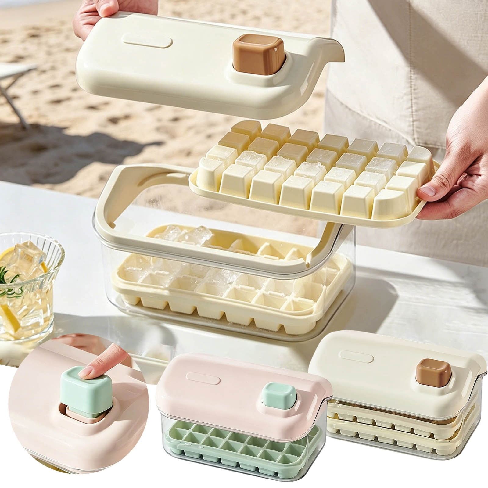Press Buttom Ice Tray Easy Release Double-Layer Ice Cube Tray with Storage Box Reusable Silicone Ice Mold for Summer Home Bar Parties Outdoor