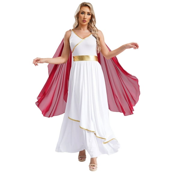 LiiYii Woman's Greek Athenian Roman Toga Outift Ruffles Cape Maxi Praise Dance Dress Robe Burgundy XXL