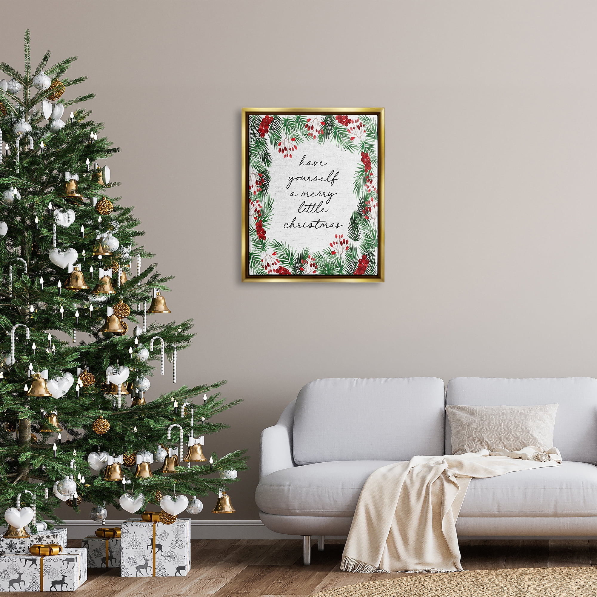 Stupell Industries Merry Little Christmas Script Holiday Painting Gold Floater Framed Canvas Art Print Wall Art, 25 x 31