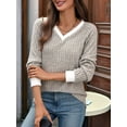 thumbnail image 4 of Women V Neck Color Block Long Sleeve Shirts-Casual Fall Light-Weight Tunic Sweaters Fashion Outfits Khaki M, 4 of 9