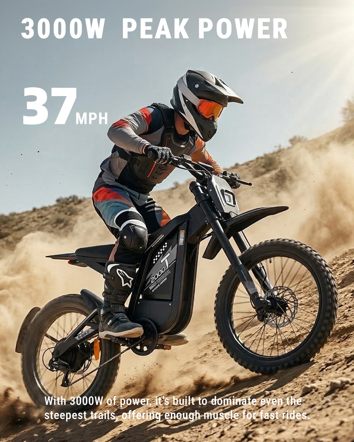 VTOKW T2000 Electric Dirt Bike for Adults,3000W Peak Electric Bike,48V 30Ah Battery,37MPH/85+Miles Electric Motorcycles,24" Fat Tire E Dirtbike,Dual Hydraulic Brakes Mountain Bike,E Dirt Bike UL2849