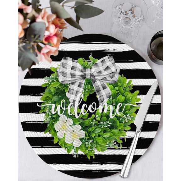 15 Inch Round Placemats Set of 4, Flower Wreath Non Slip Heat Insulation PP Table Mats, Farmhouses Bow-Knot Black Stripes Washable Place Mats for Kitchen Dining Party Table Decor