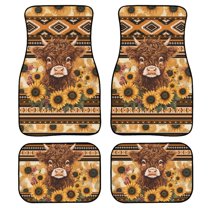 Renewold American Tribal Highland Cow Sunflower Khaki Car Floor Mats 4 PCS with Rubber Backing Universal Fit Front & Rear Auto Rugs Full Set, Car Interior Decor for Car SUV Van Trucks