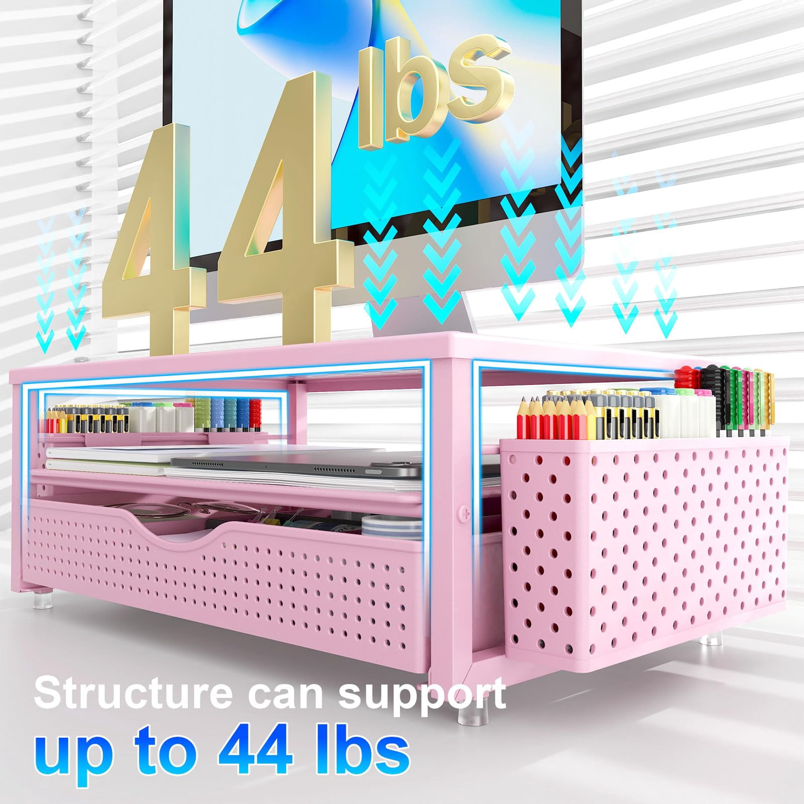 Desk Organizers And Accessories  Monitor Stand With Drawer 2 Pen Holder Desktop Organizer Suitable For Offices Dormitories (pink)