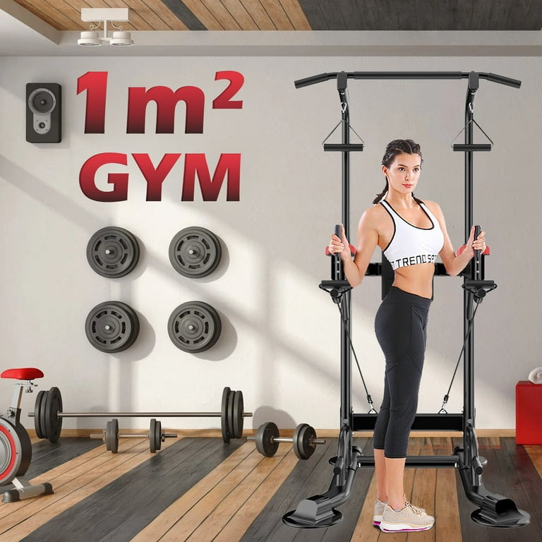 PROHIKER Power Tower Dip Station Pull Up Bar Stand Power Rack with Backrest and Resistance Band Height Adjustable Strength Training Equipment for