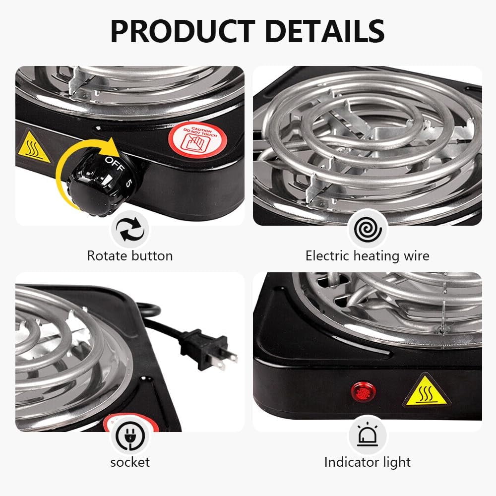 1000W Electric Single Burner, Portable Electric Hot Plate Cooktop Cookers, 5 Level Adjustable Temperature Stove Burner for Home Dorm Camping Cooking, Black