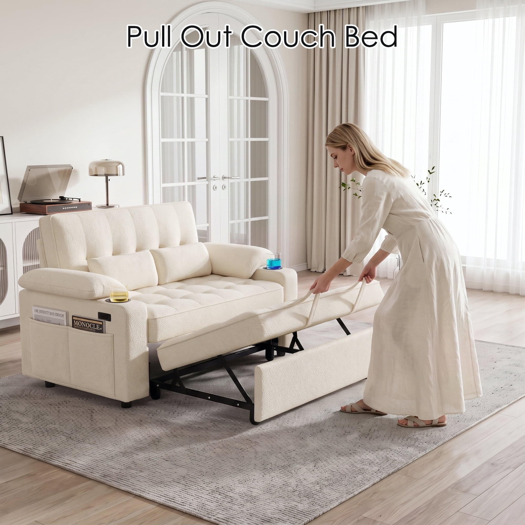 58" Sleeper Sofa Bed, Full Size Pull Out Couch, Towel Fabric Convertible Loveseat with USB Charging, Cup Holders, Adjustable Backrest & Side Pockets for Living Room, Apartment, Office (Beige)