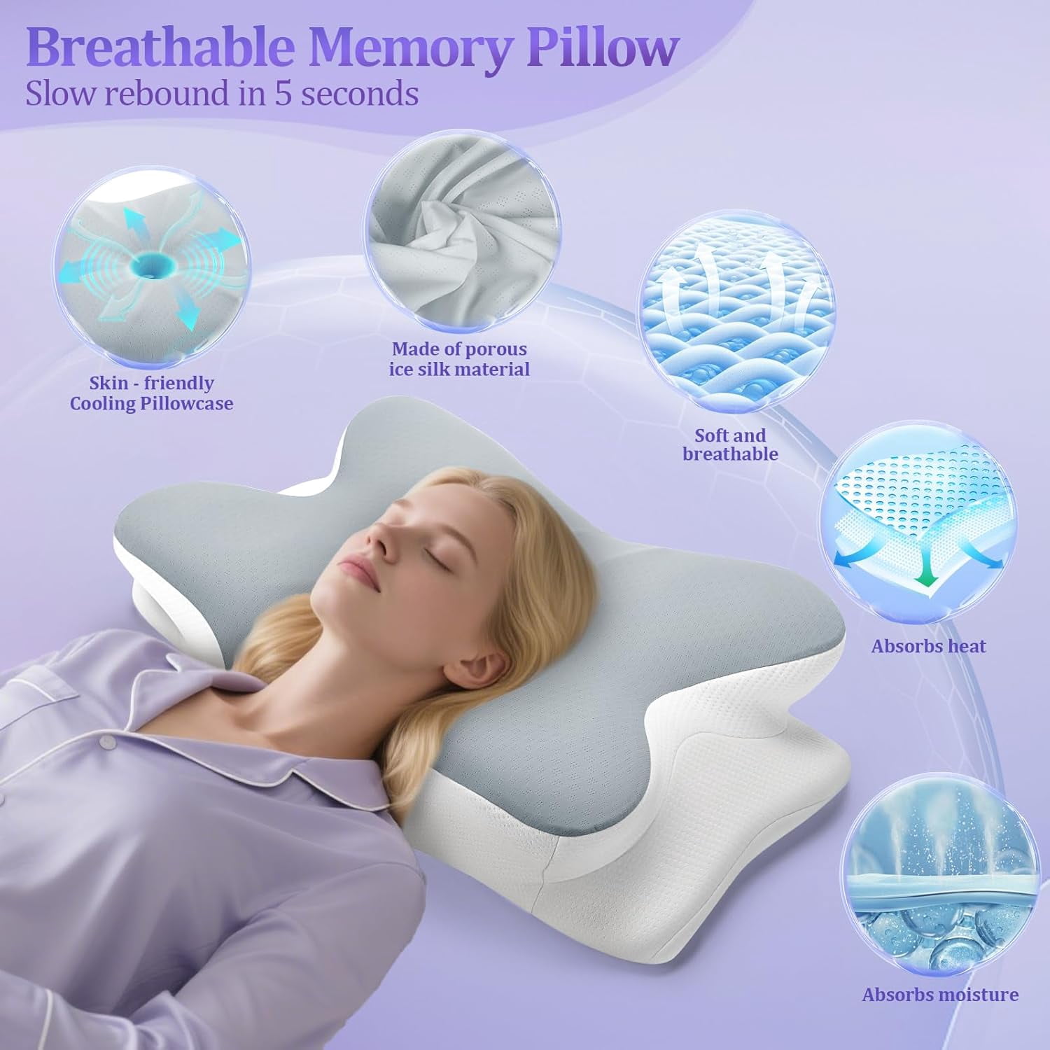 Cooling Memory Foam Pillow Cervical Pillow for Neck and Shoulder Ergonomic Neck Support Pillow for Side Back Stomach Sleepers with Pillowcase, Grey