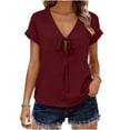 thumbnail image 2 of MaFYtyTPR Women's Summer V-Neck Blouse Fashion Solid Color Short Sleeve Tie Front Loose Fit Casual Tops A-Wine XL, 2 of 5