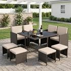 Barara King 9 Piece Patio Dining Set with Tempered Glass Table and Ottoman for Outdoor Garden Poolside Dining Furniture, Beige