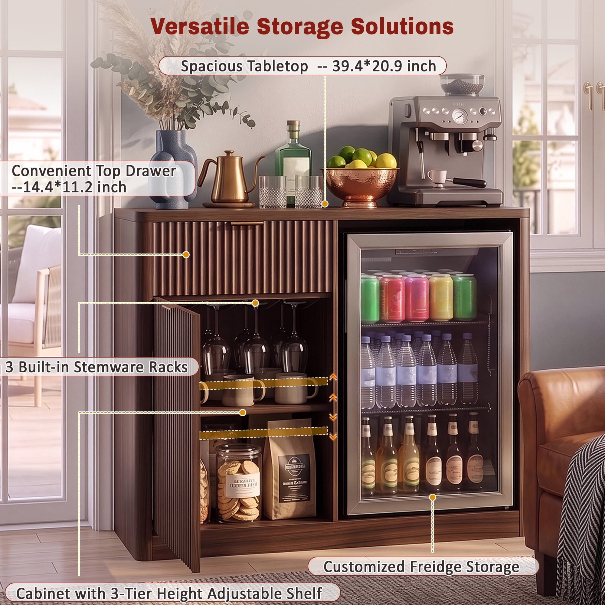 Mintazer 39" Modern Fluted Coffee Bar Cabinet with Fridge Space & Charging Station, Sideboard Beverage Station with Wine Glass Rack & Adjustable Shelves for Dining Room Living Room Apartment, Walnut
